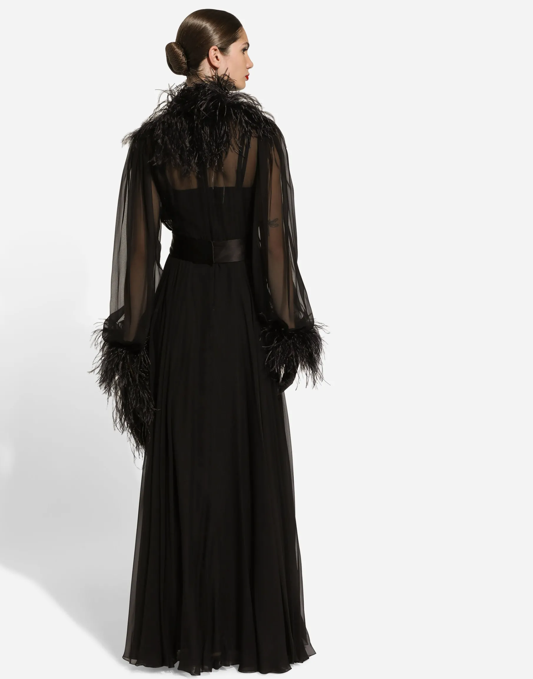 Long silk chiffon dress with ostrich feather details