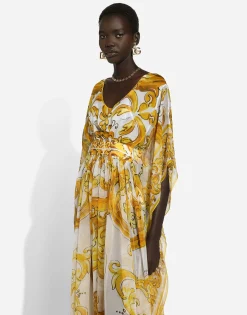 Long silk chiffon dress with majolica print