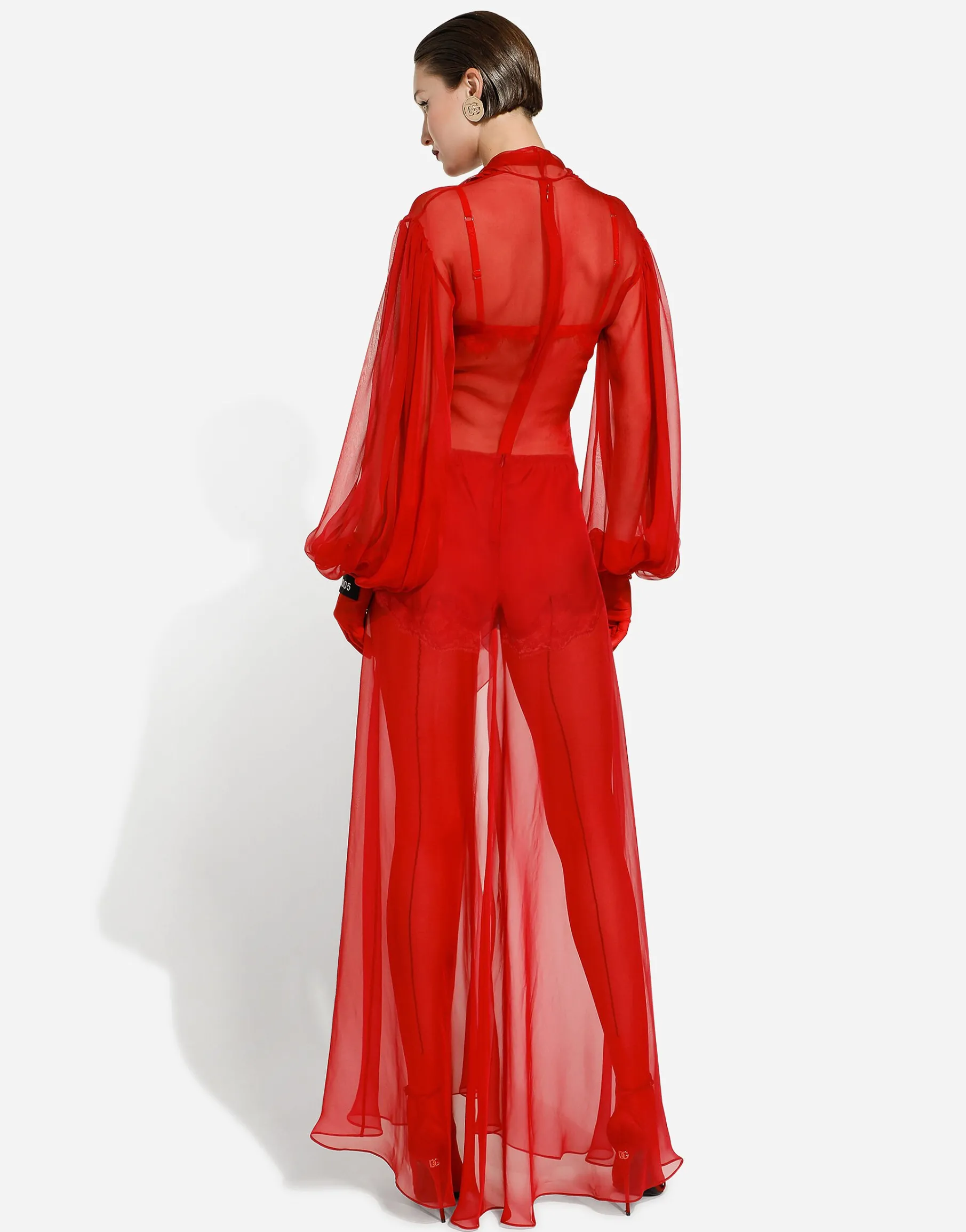 Long silk chiffon dress with bow detail