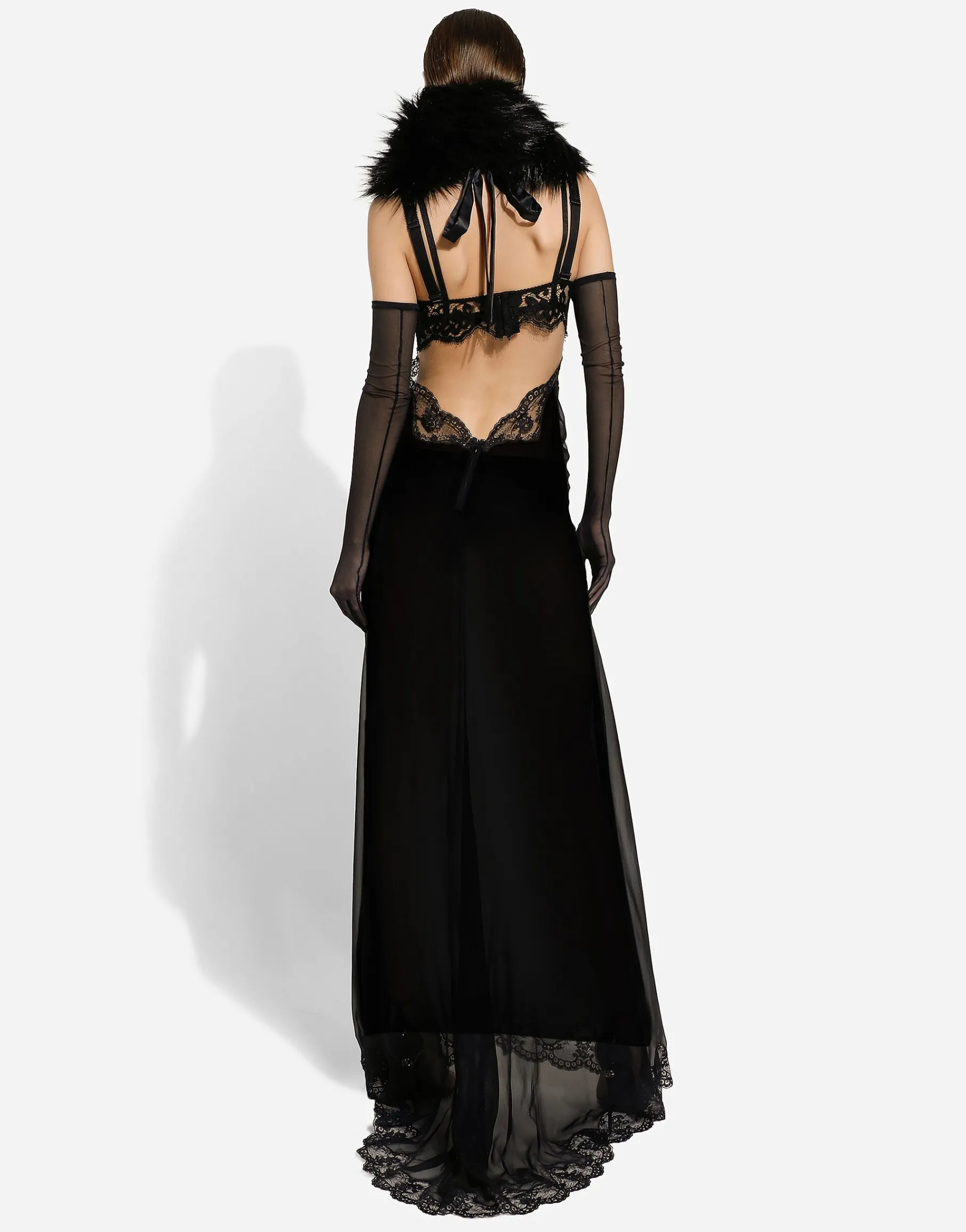 Long silk chiffon dress with lace body