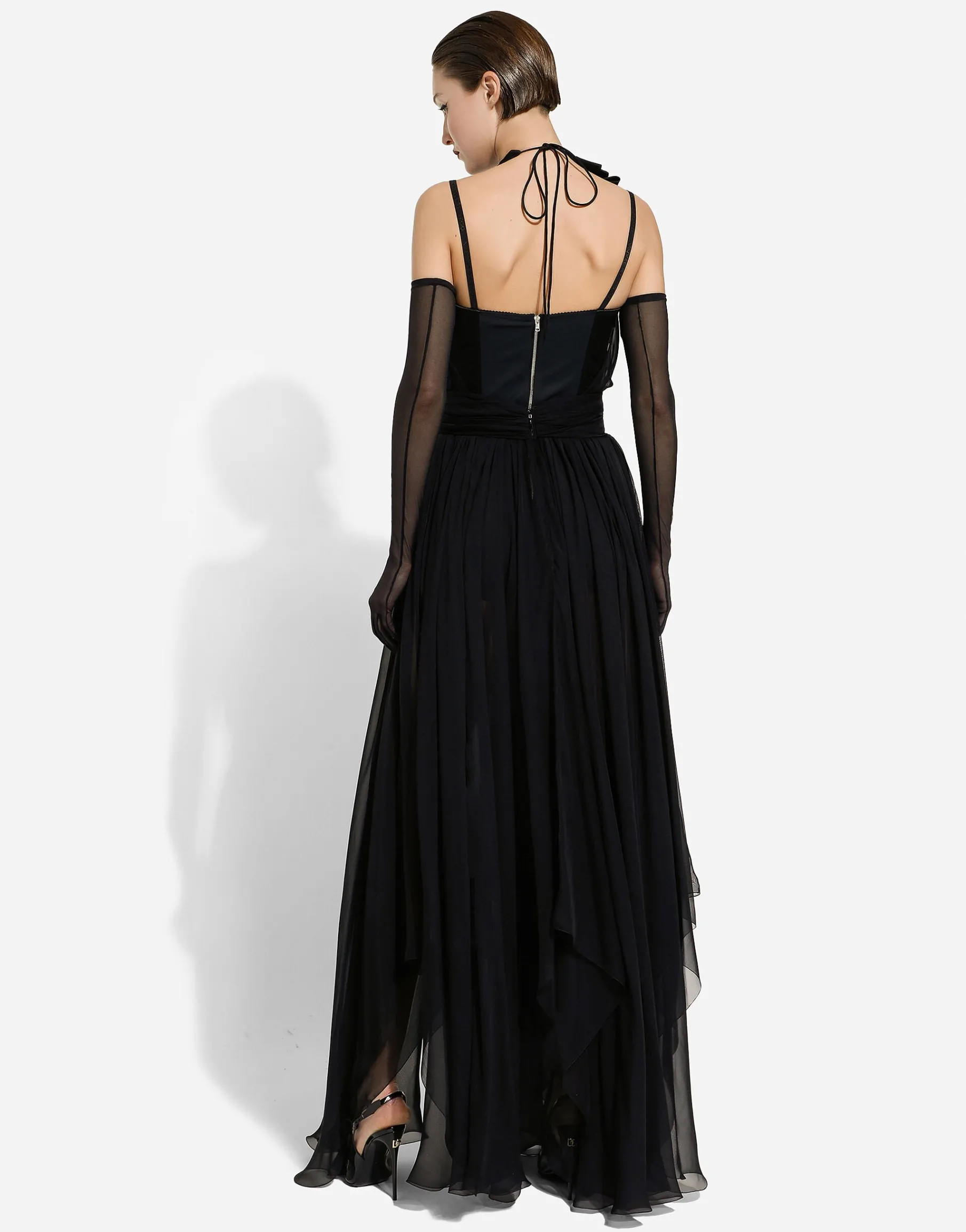 Long silk chiffon dress with floral appliqué