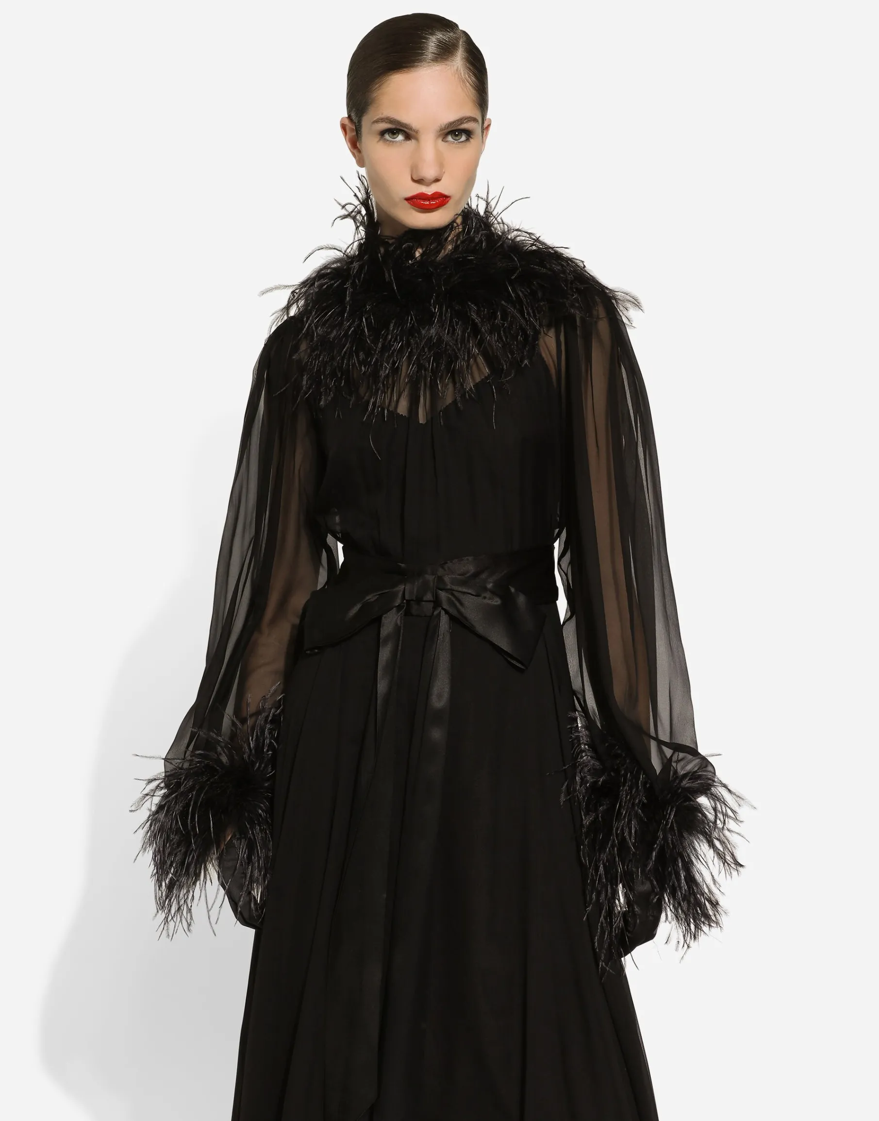 Long silk chiffon dress with ostrich feather details