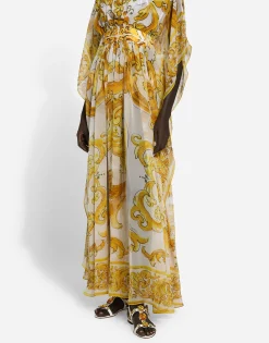 Long silk chiffon dress with majolica print
