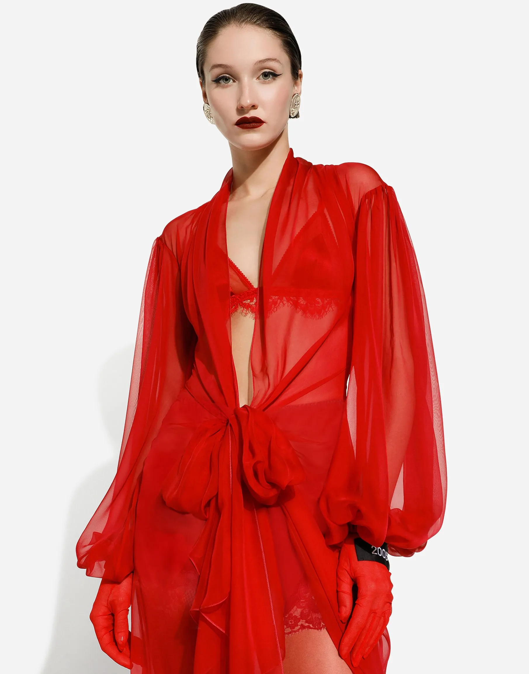 Long silk chiffon dress with bow detail