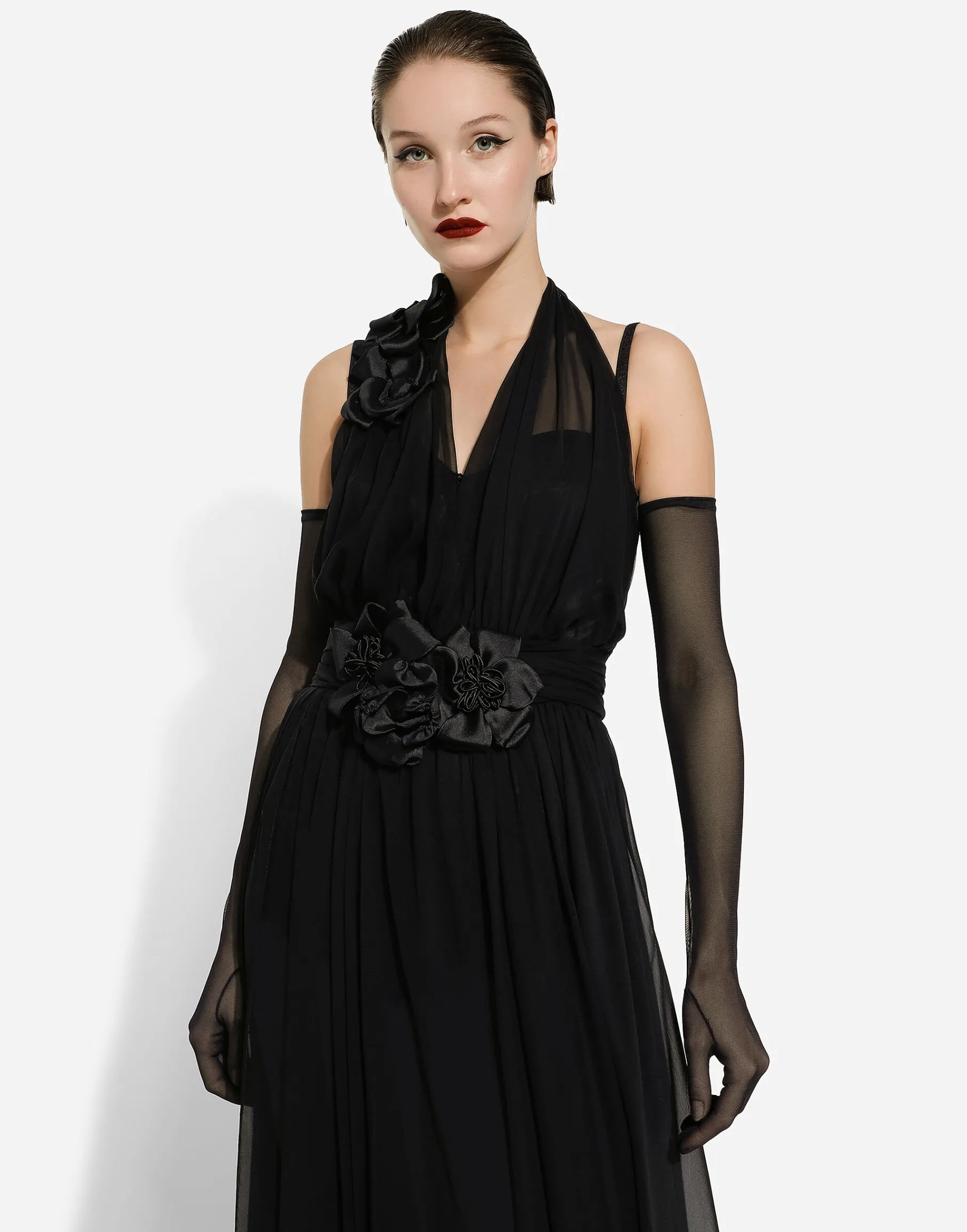 Long silk chiffon dress with floral appliqué