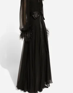 Long silk chiffon dress with ostrich feather details