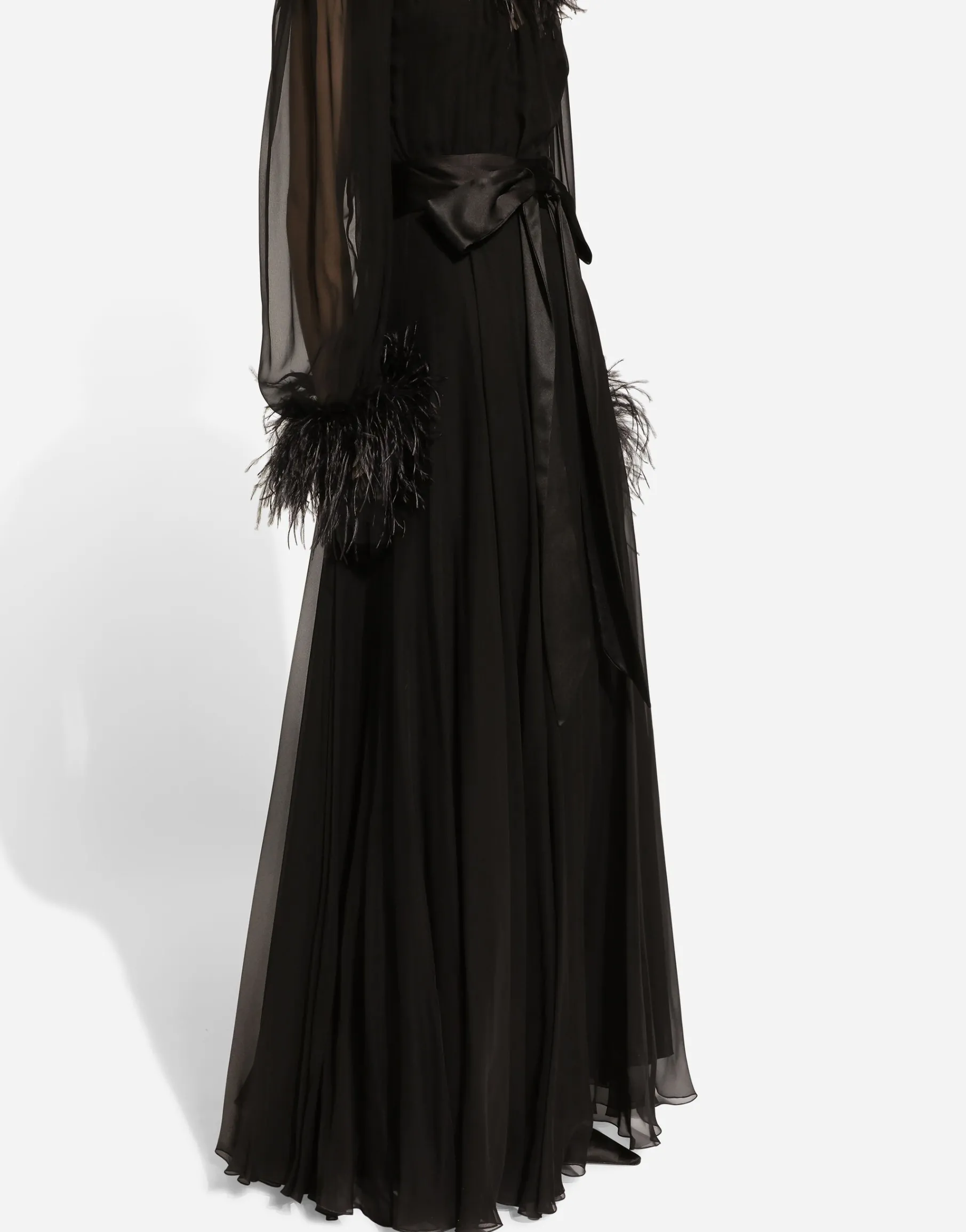 Long silk chiffon dress with ostrich feather details