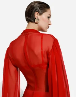 Long silk chiffon dress with bow detail