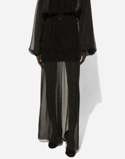 Long silk chiffon dress with polka-dot print, a pussy-bow detail and flower on neck