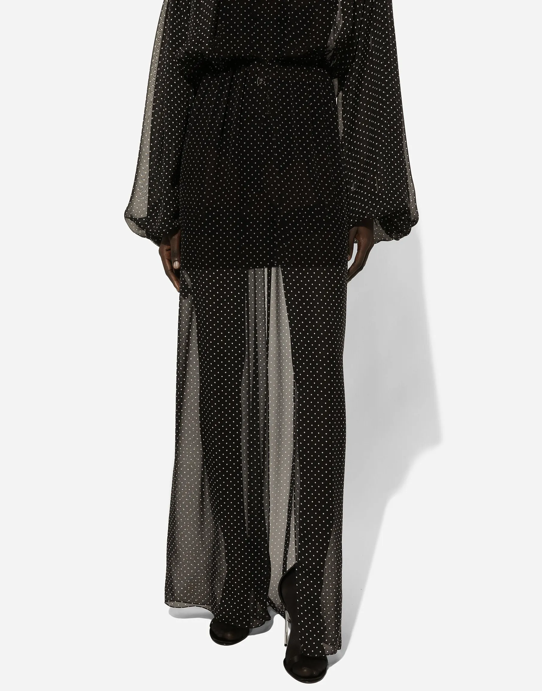 Long silk chiffon dress with polka-dot print, a pussy-bow detail and flower on neck