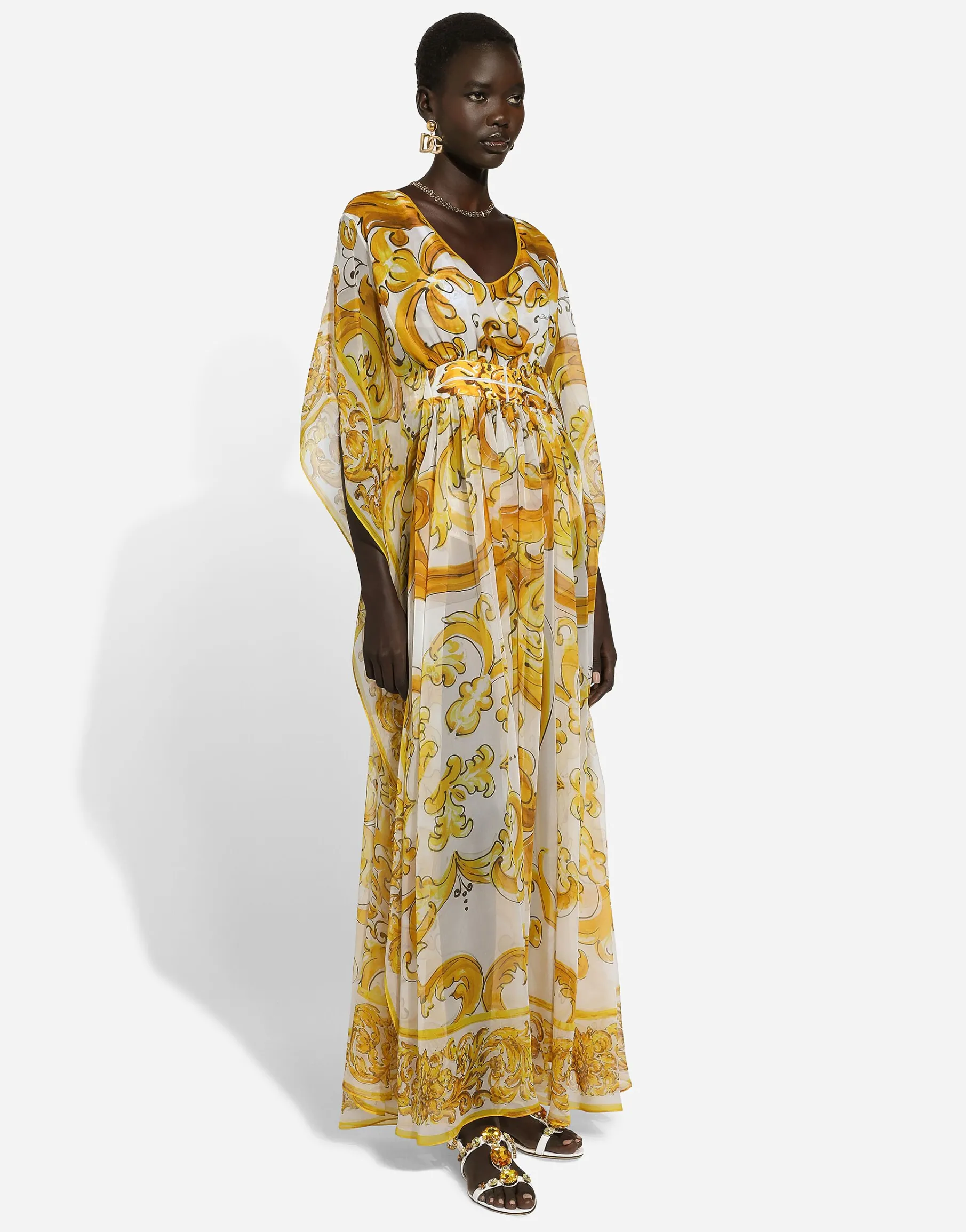 Long silk chiffon dress with majolica print