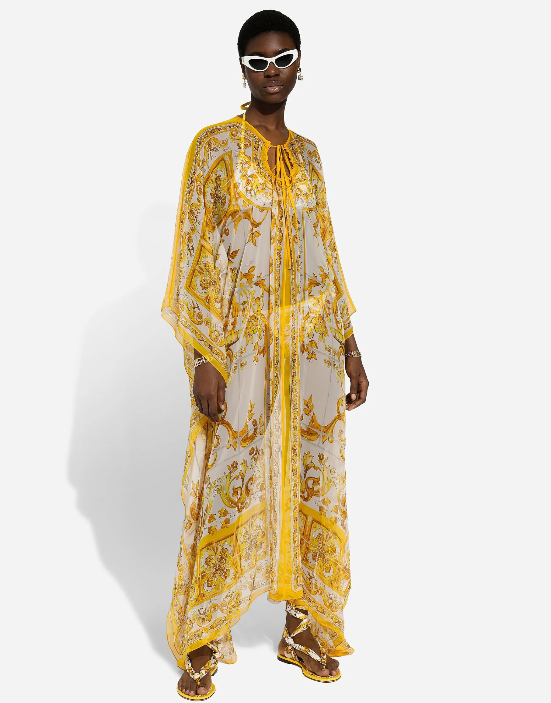 Long silk chiffon dress with majolica print