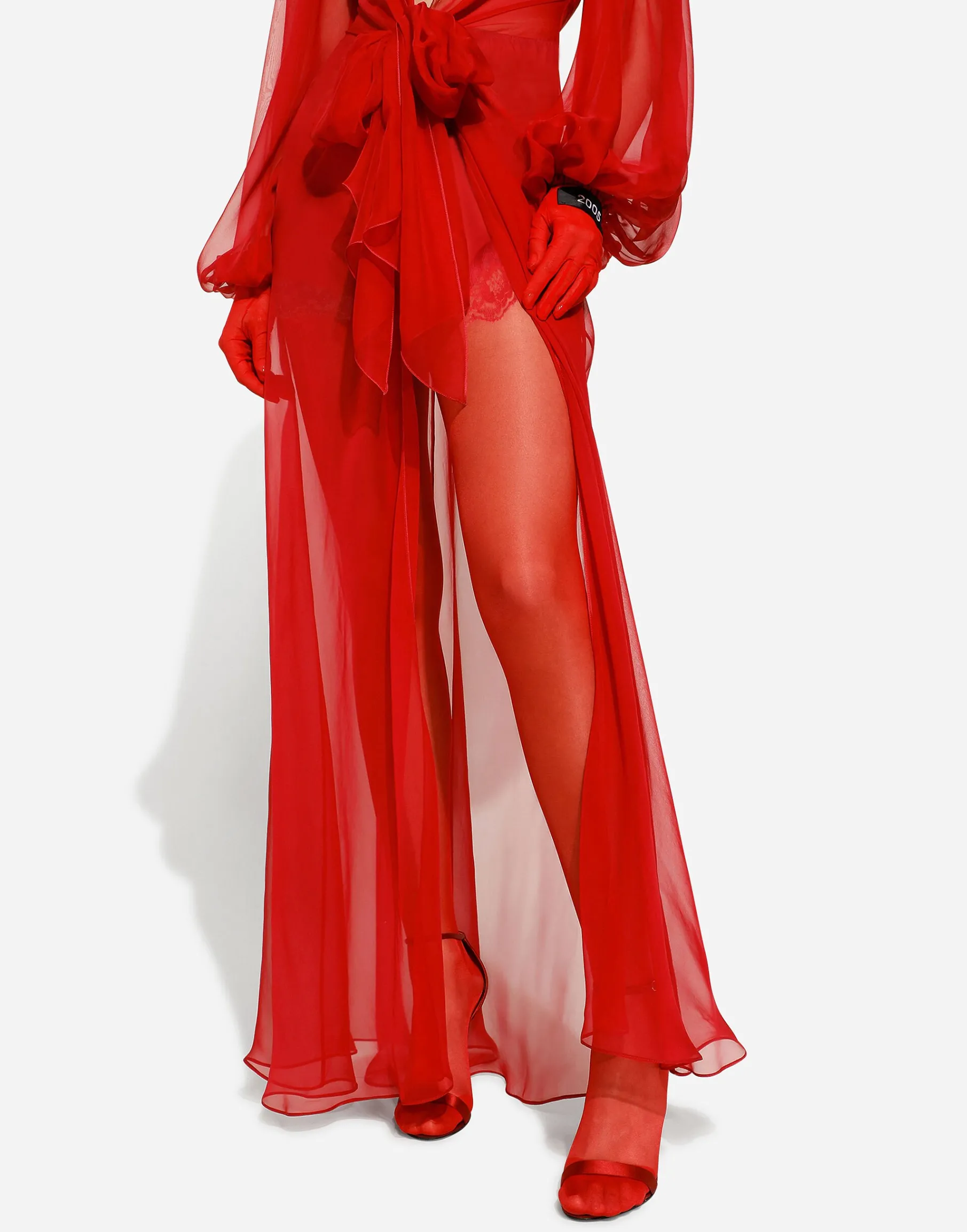 Long silk chiffon dress with bow detail
