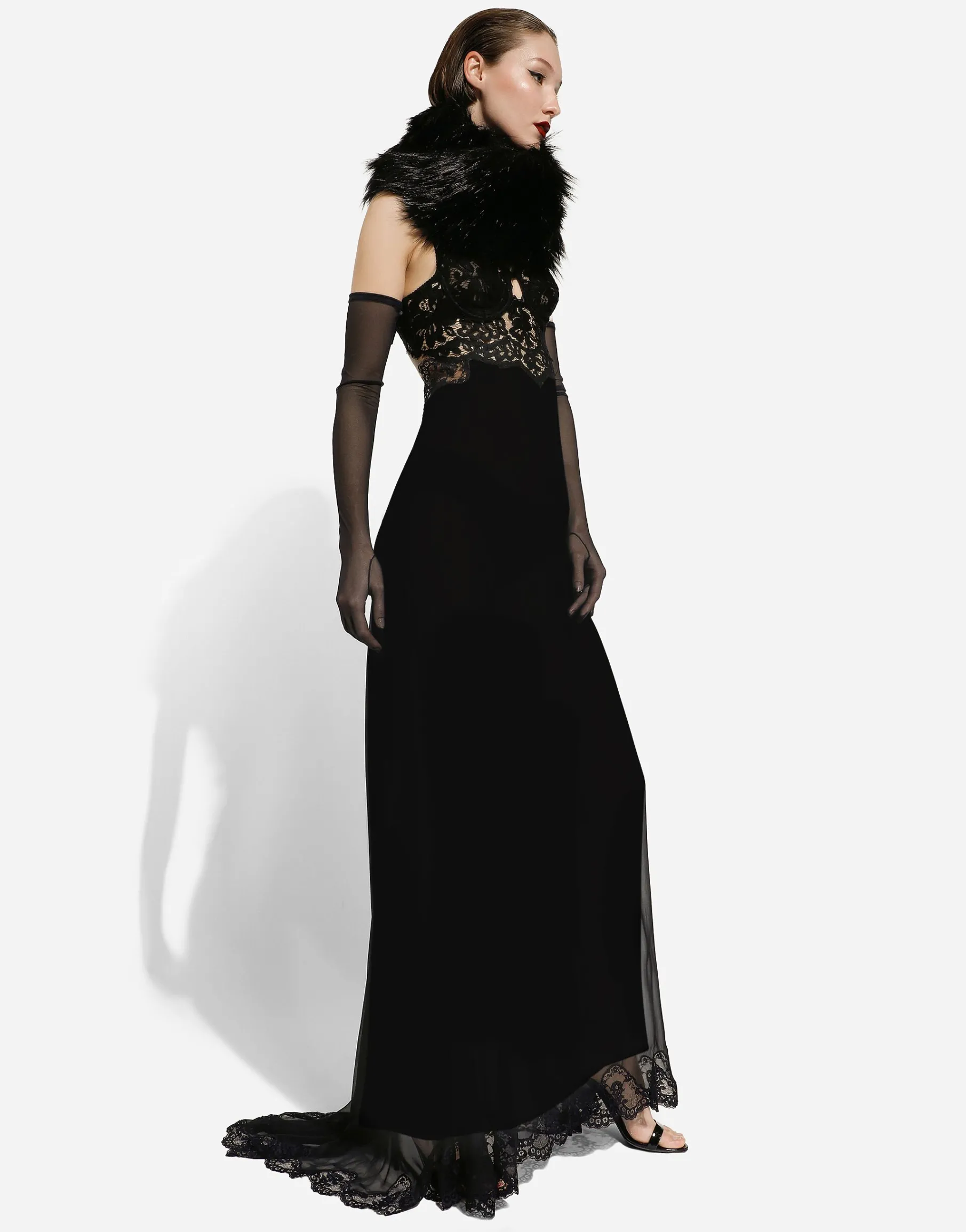Long silk chiffon dress with lace body
