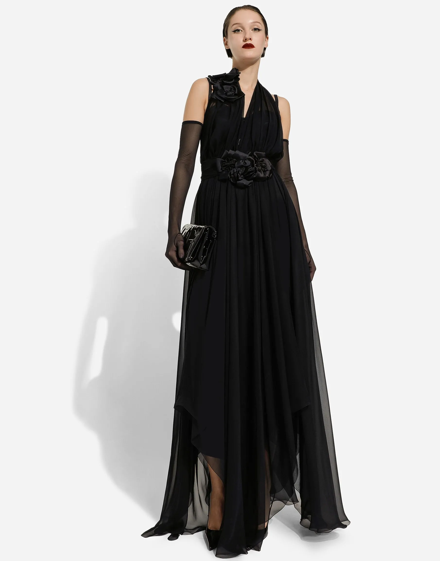 Long silk chiffon dress with floral appliqué