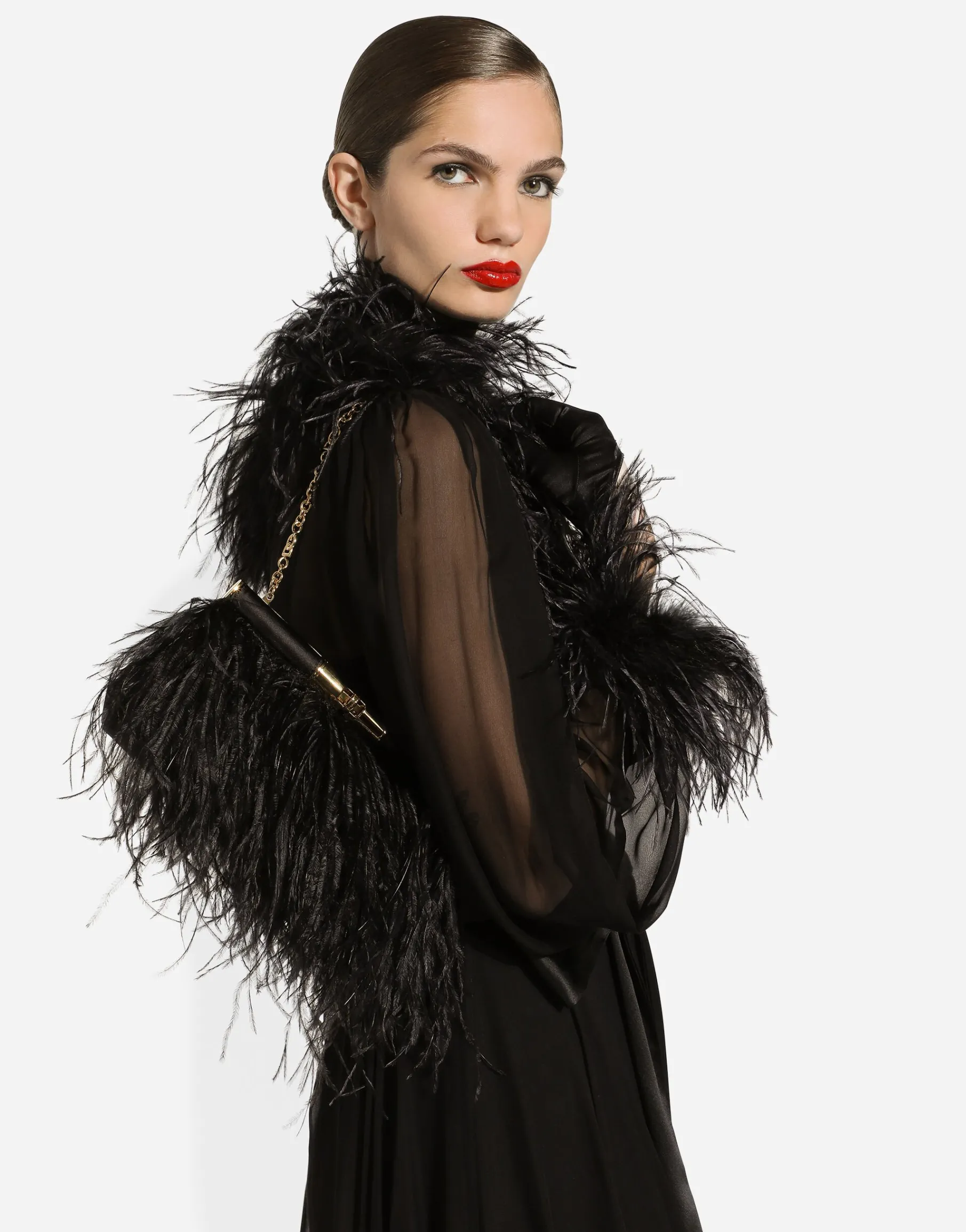 Long silk chiffon dress with ostrich feather details