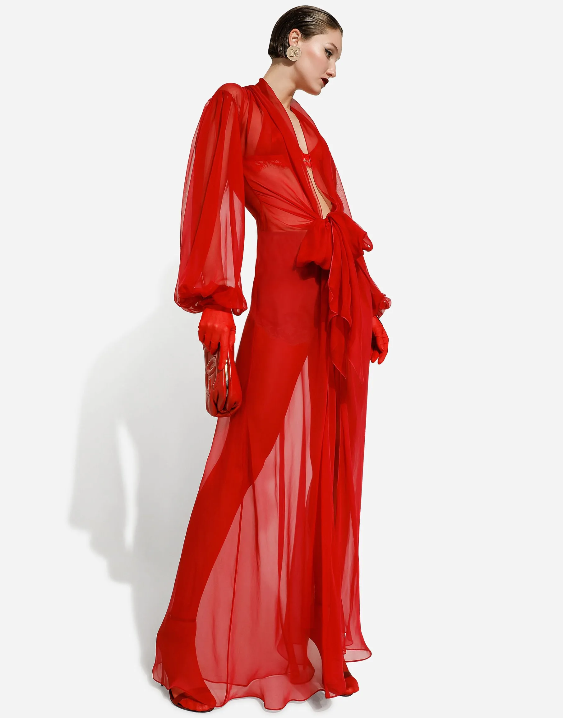 Long silk chiffon dress with bow detail