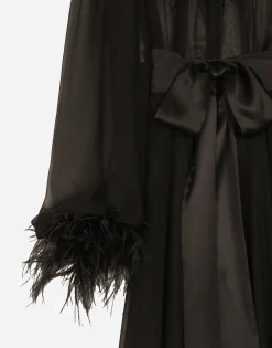 Long silk chiffon dress with ostrich feather details