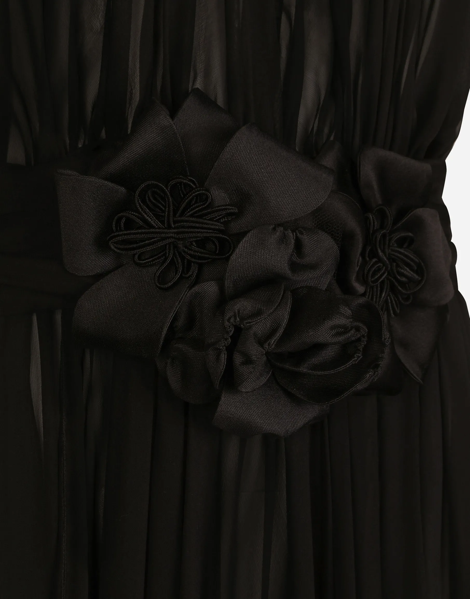 Long silk chiffon dress with floral appliqué