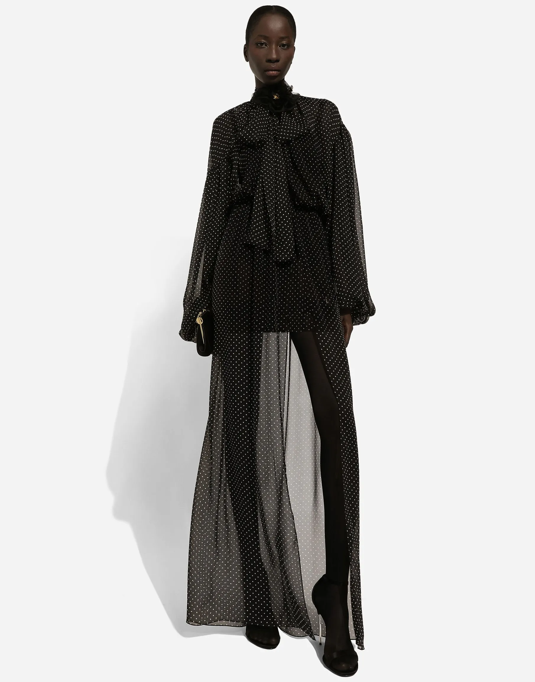 Long silk chiffon dress with polka-dot print, a pussy-bow detail and flower on neck