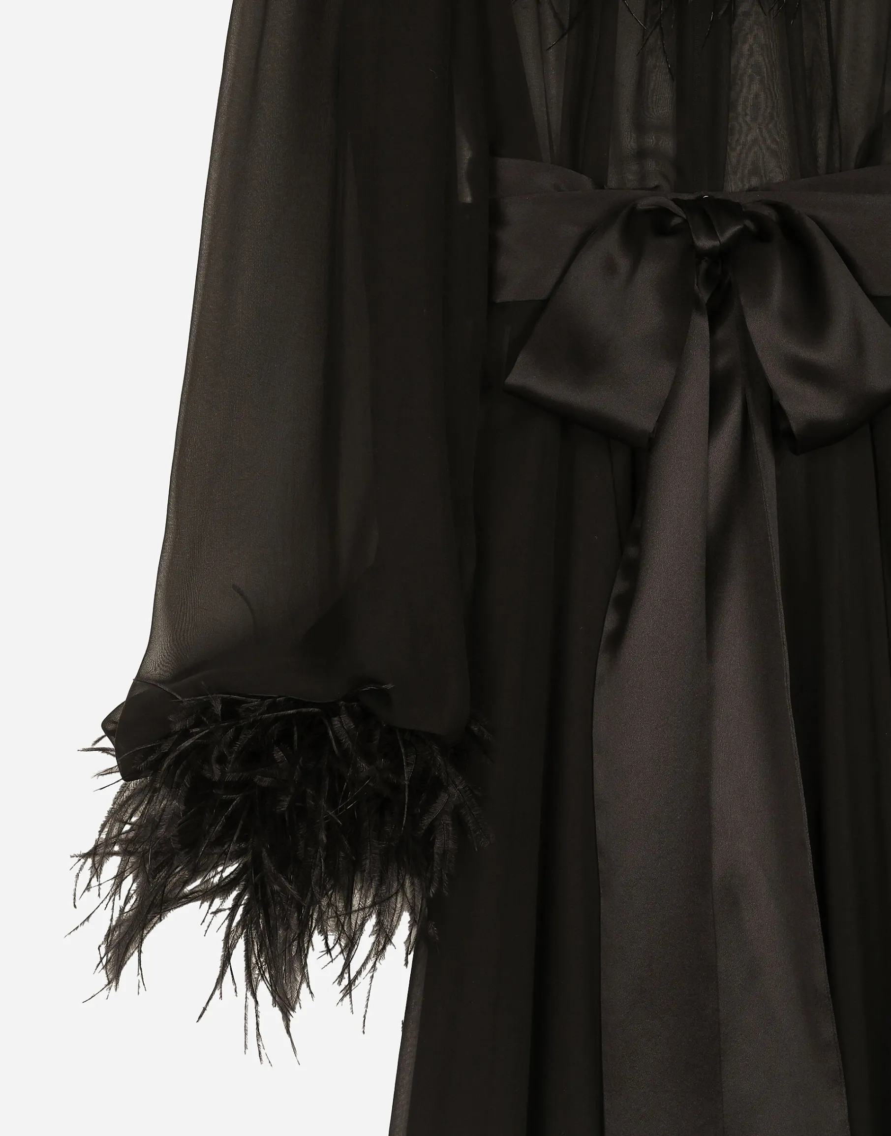 Long silk chiffon dress with ostrich feather details