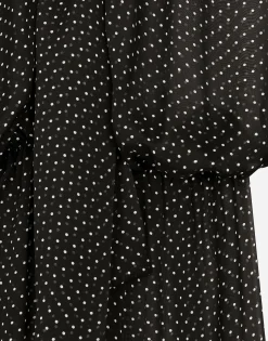 Long silk chiffon dress with polka-dot print, a pussy-bow detail and flower on neck
