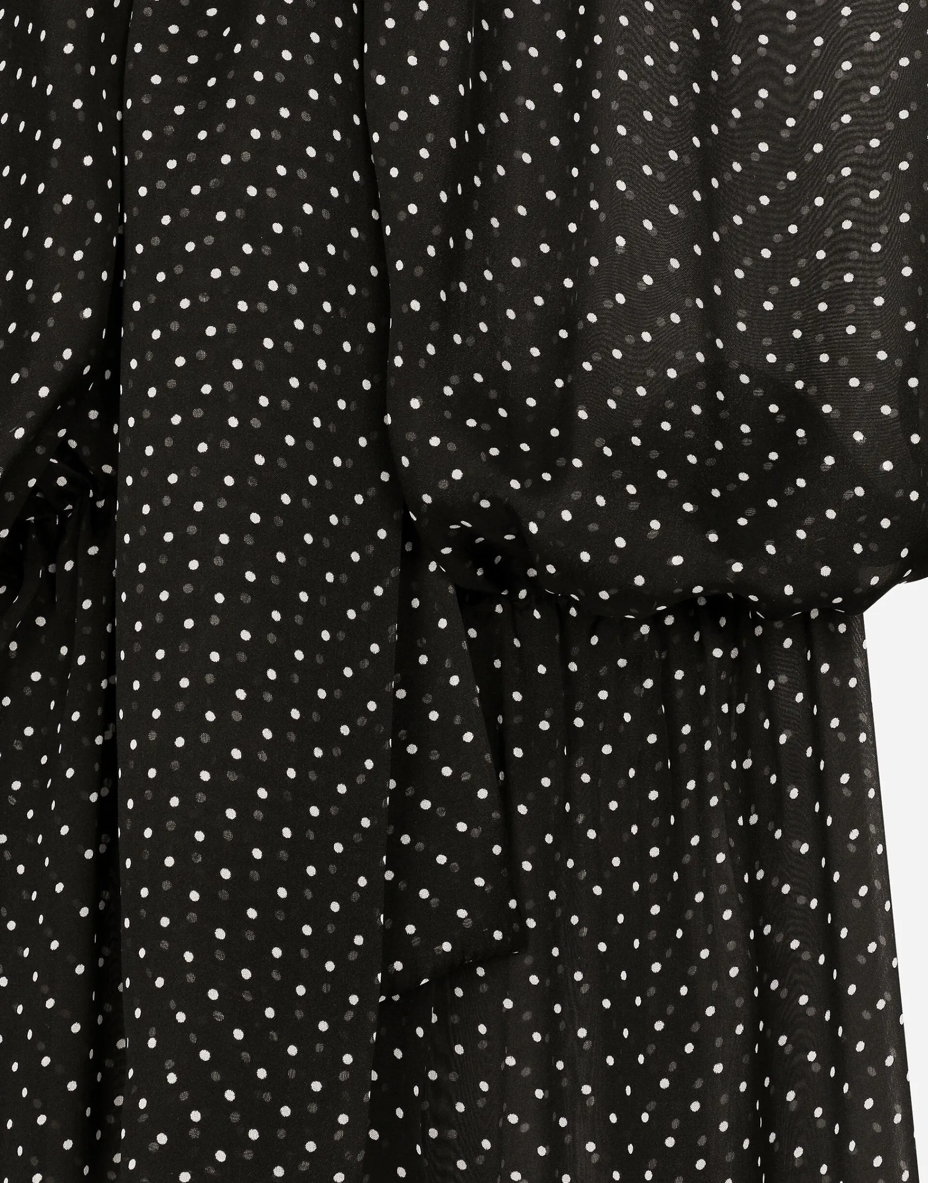 Long silk chiffon dress with polka-dot print, a pussy-bow detail and flower on neck