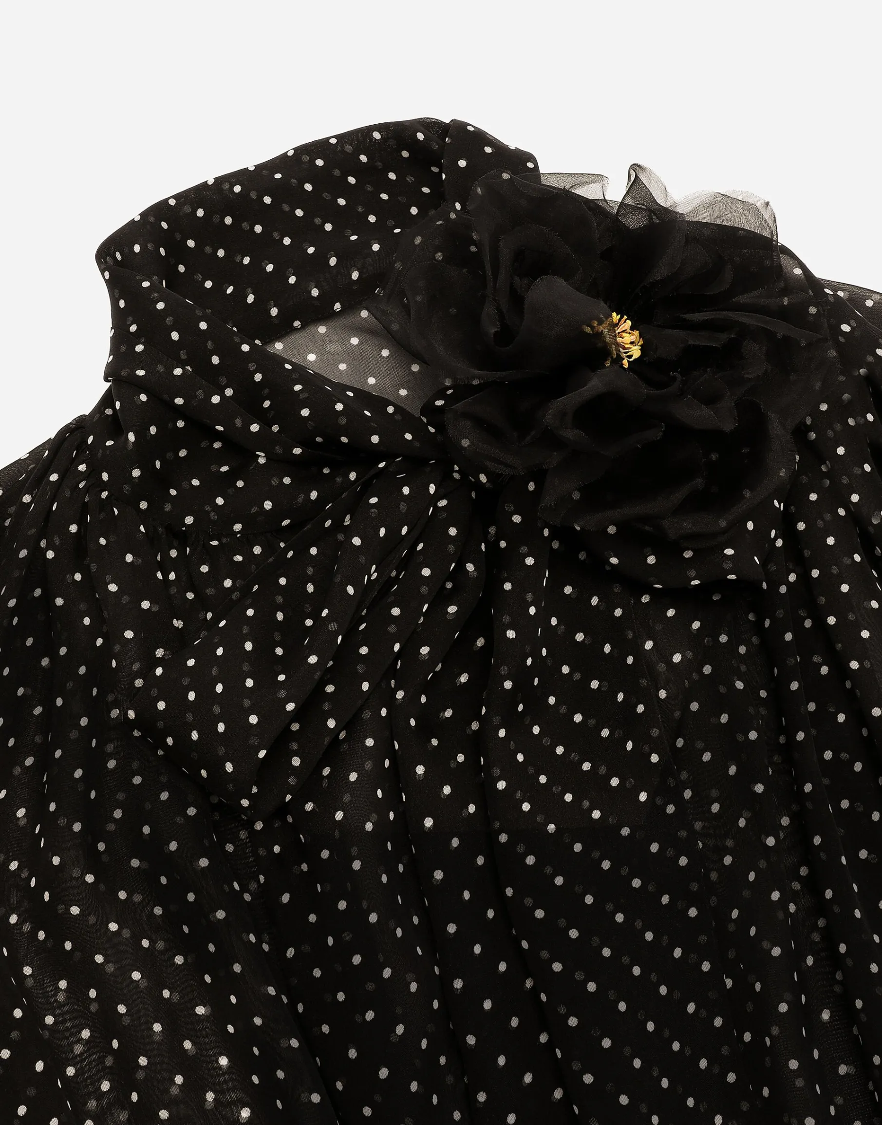 Long silk chiffon dress with polka-dot print, a pussy-bow detail and flower on neck