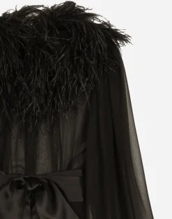 Long silk chiffon dress with ostrich feather details