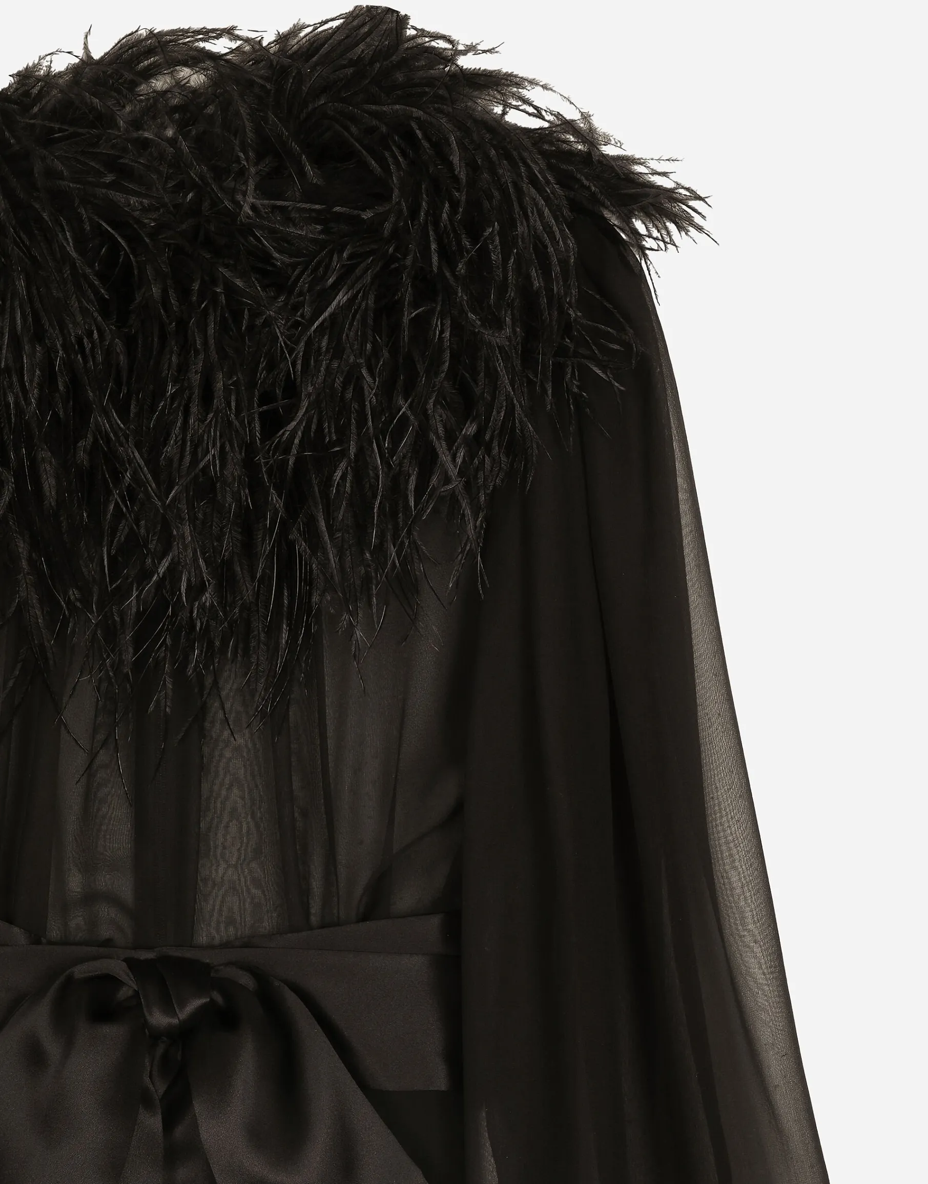 Long silk chiffon dress with ostrich feather details