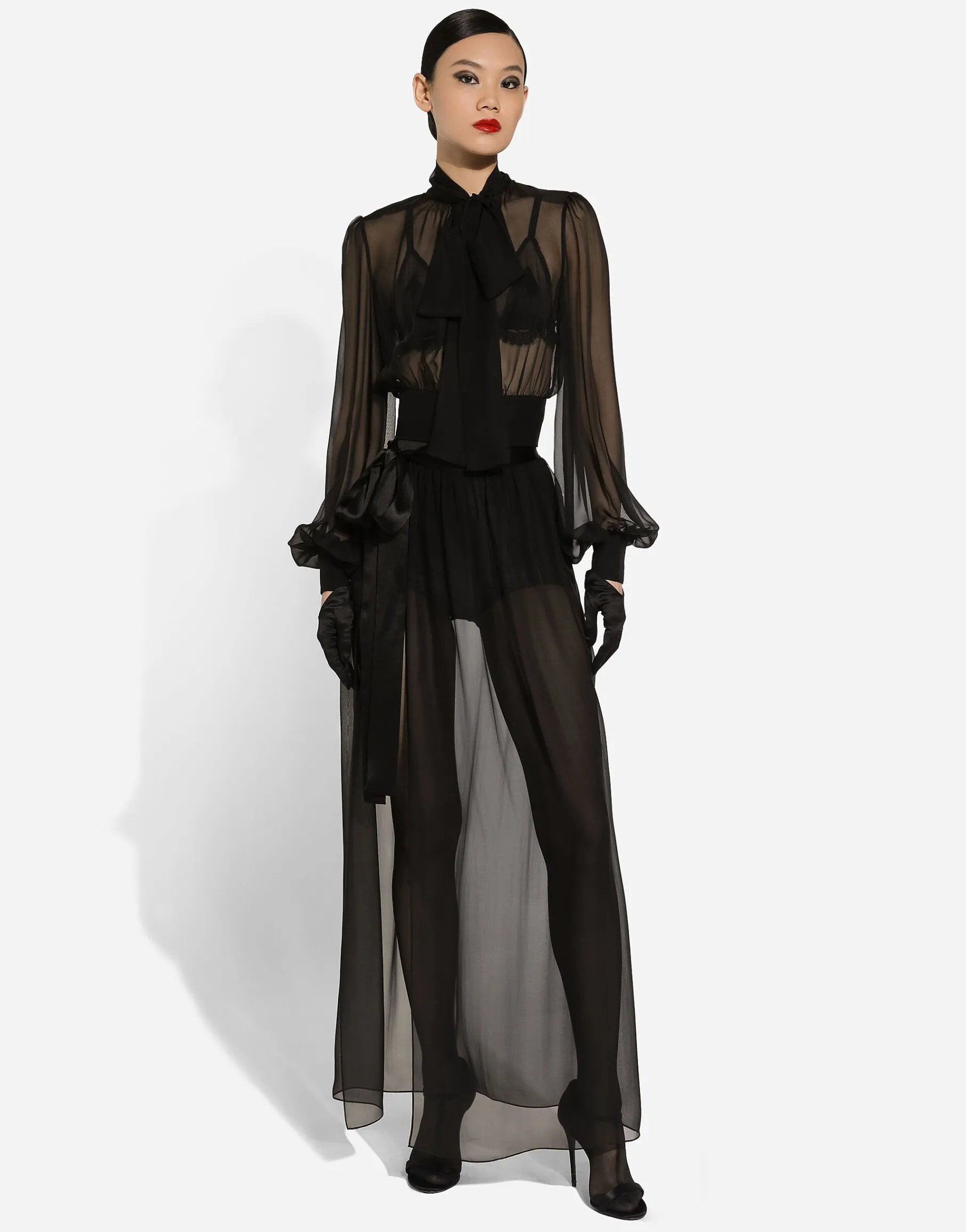 Long silk chiffon skirt with belt