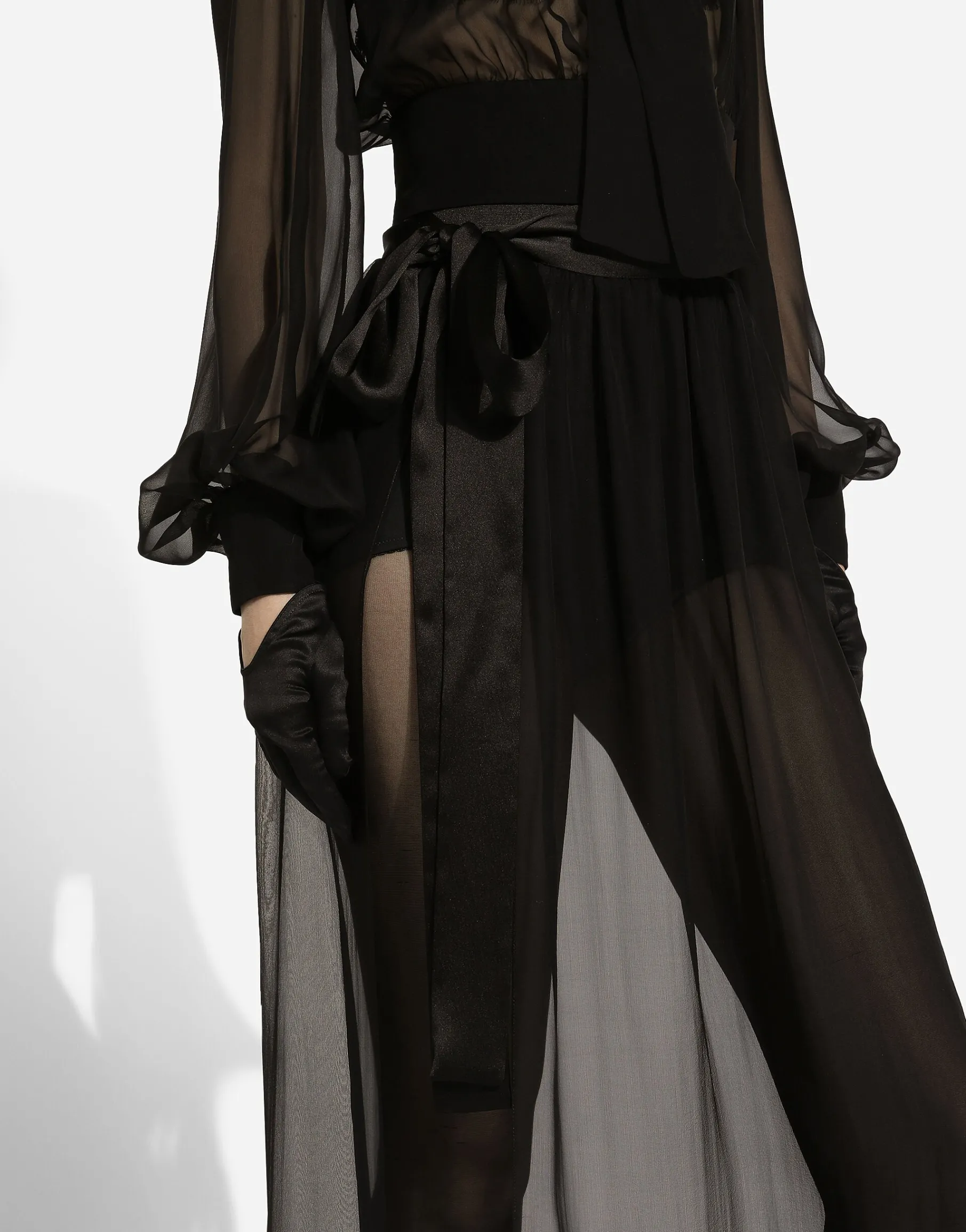 Long silk chiffon skirt with belt