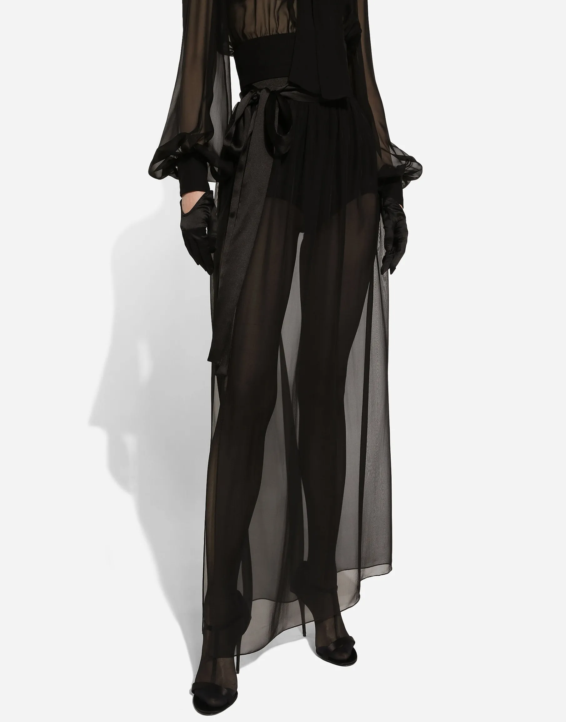 Long silk chiffon skirt with belt