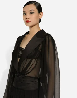 Long silk chiffon tuxedo dress