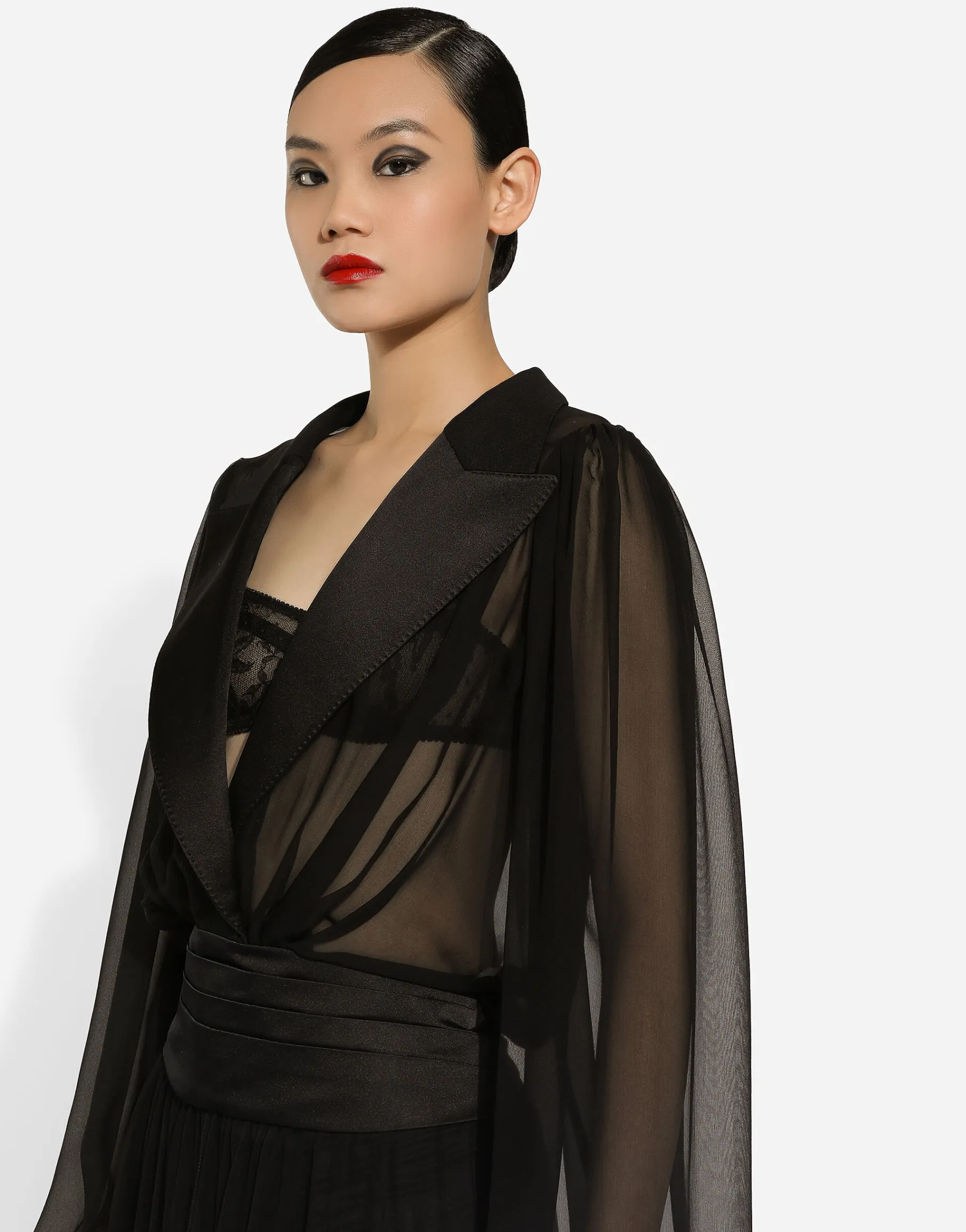 Long silk chiffon tuxedo dress