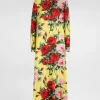 Long silk satin caftan with bouquet print