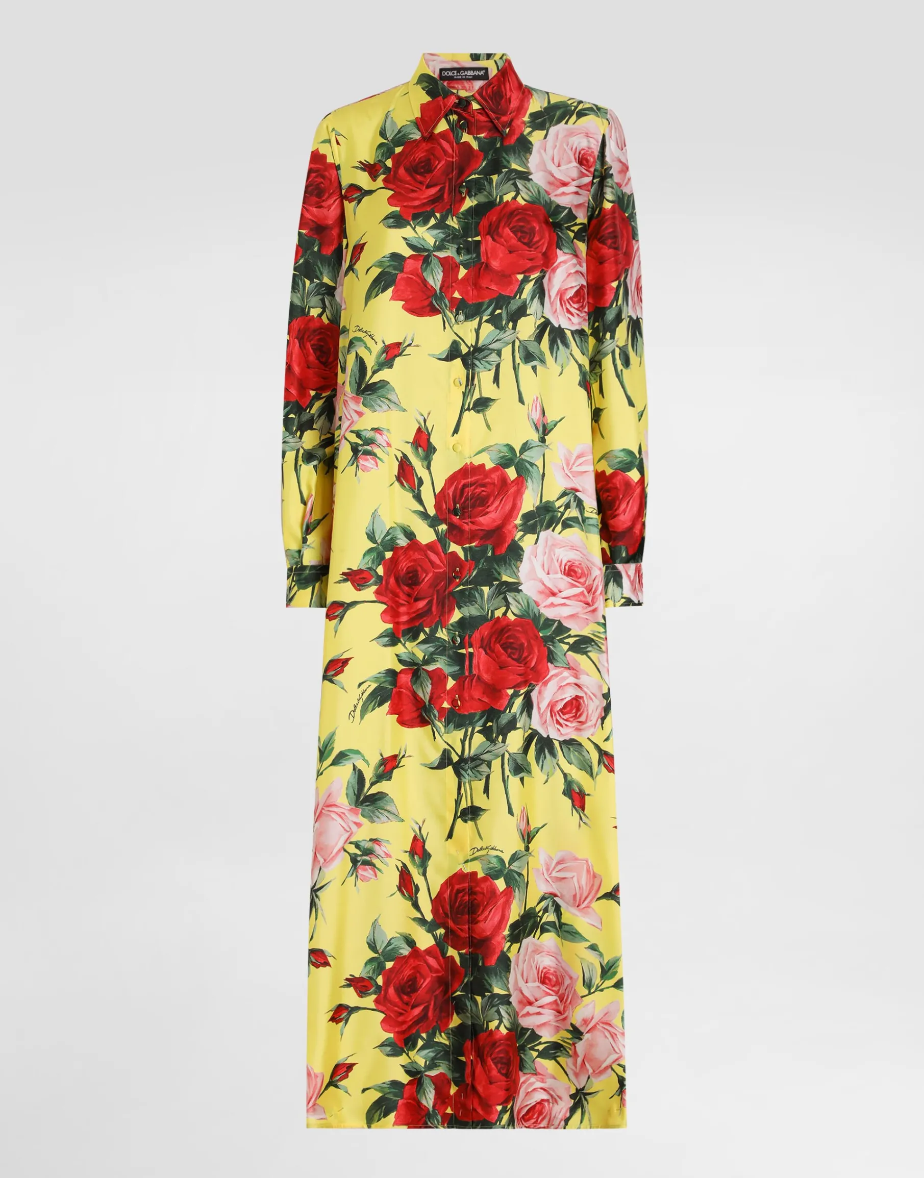 Long silk satin caftan with bouquet print