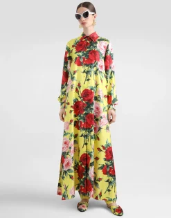 Long silk satin caftan with bouquet print