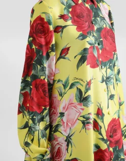 Long silk satin caftan with bouquet print