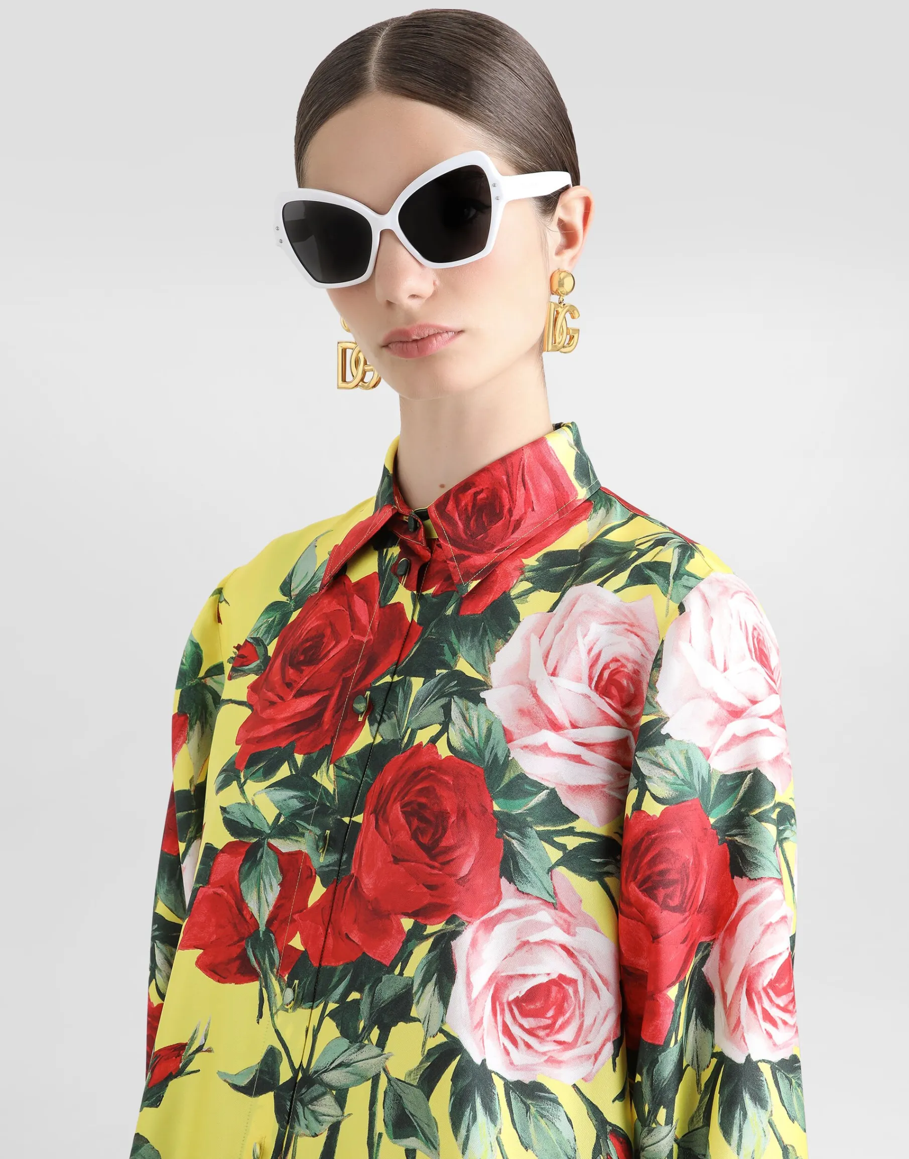 Long silk satin caftan with bouquet print