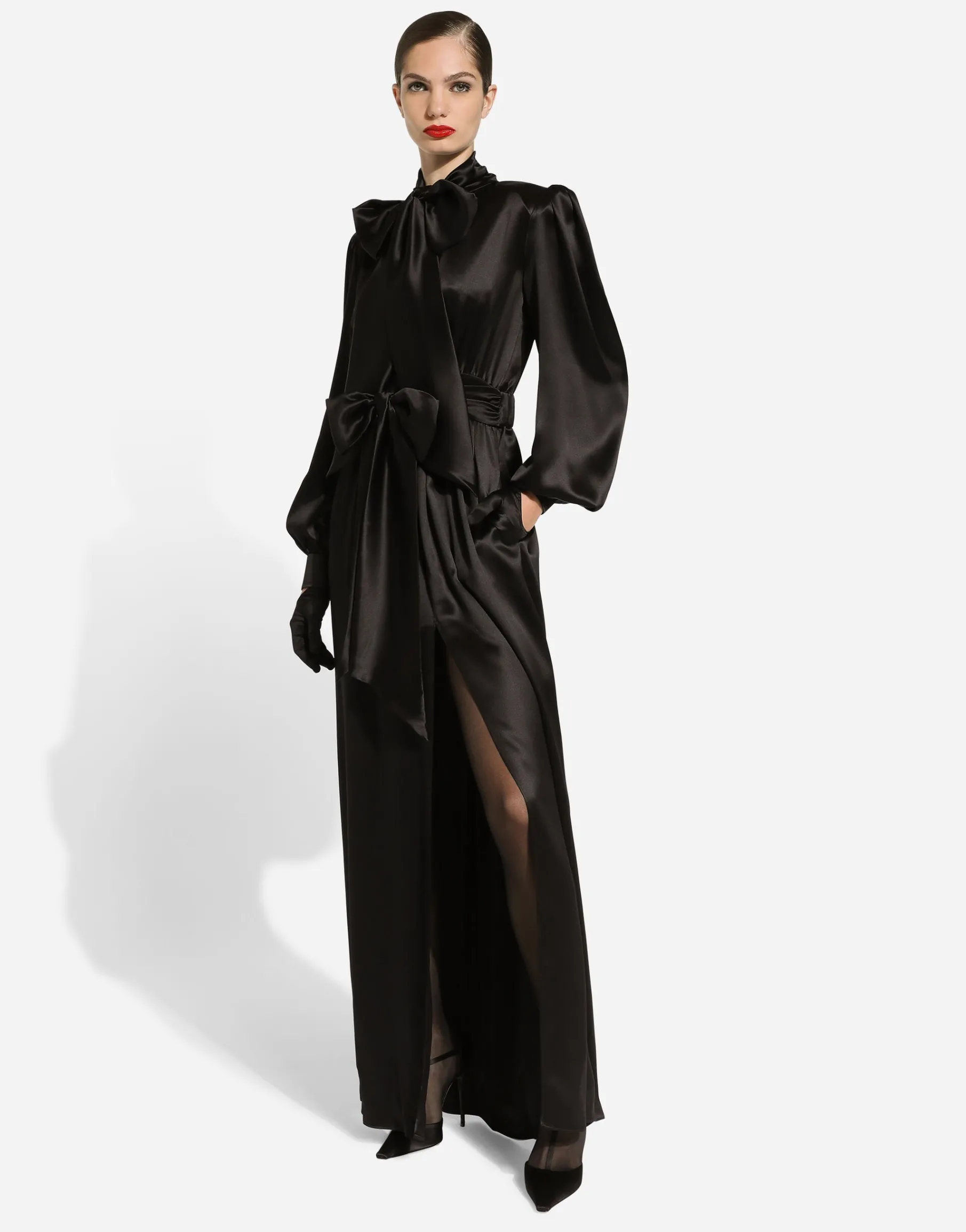 Long silk satin dress with front slit