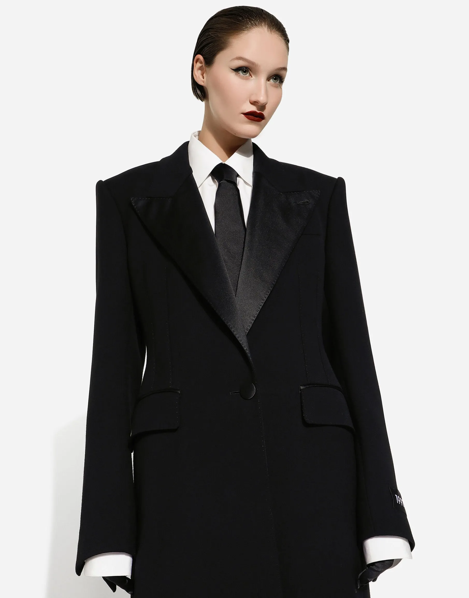 Long single-breasted wool tuxedo coat