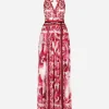 Long sleeveless chiffon dress with Majolica print