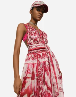 Long sleeveless chiffon dress with Majolica print