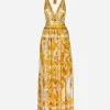 Long sleeveless silk chiffon dress with majolica print