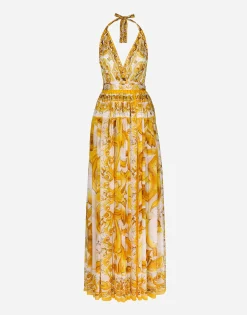 Long sleeveless silk chiffon dress with majolica print