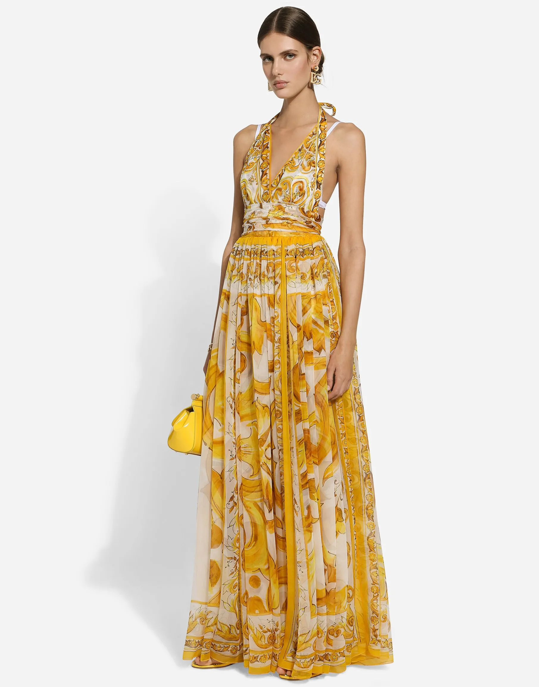 Long sleeveless silk chiffon dress with majolica print