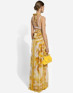 Long sleeveless silk chiffon dress with majolica print