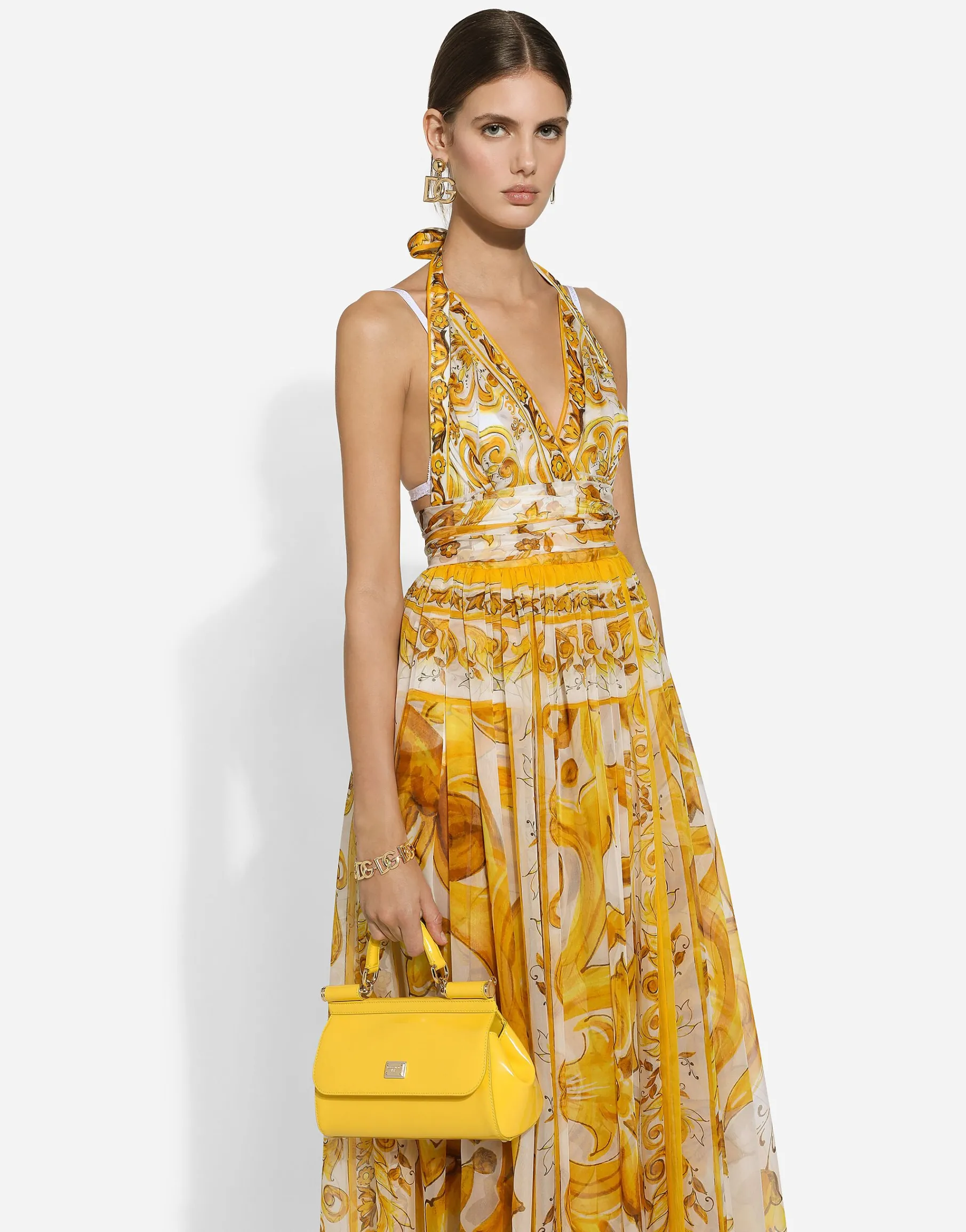 Long sleeveless silk chiffon dress with majolica print