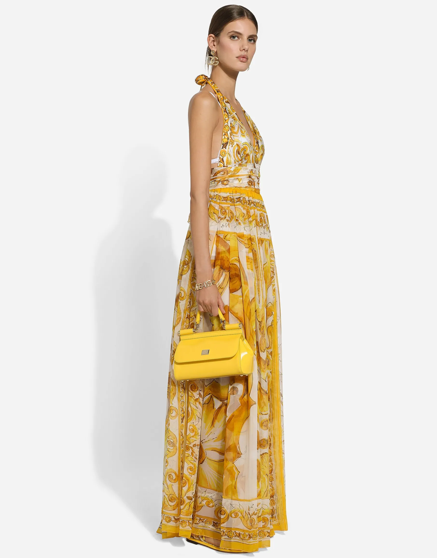 Long sleeveless silk chiffon dress with majolica print